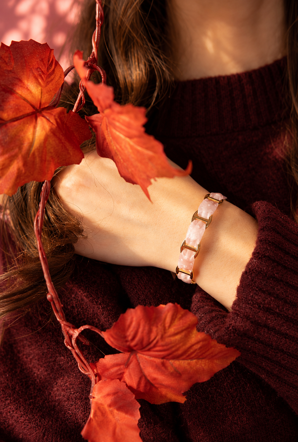 Jonc Pintie Rose - quartz rose et feuilles d'automne